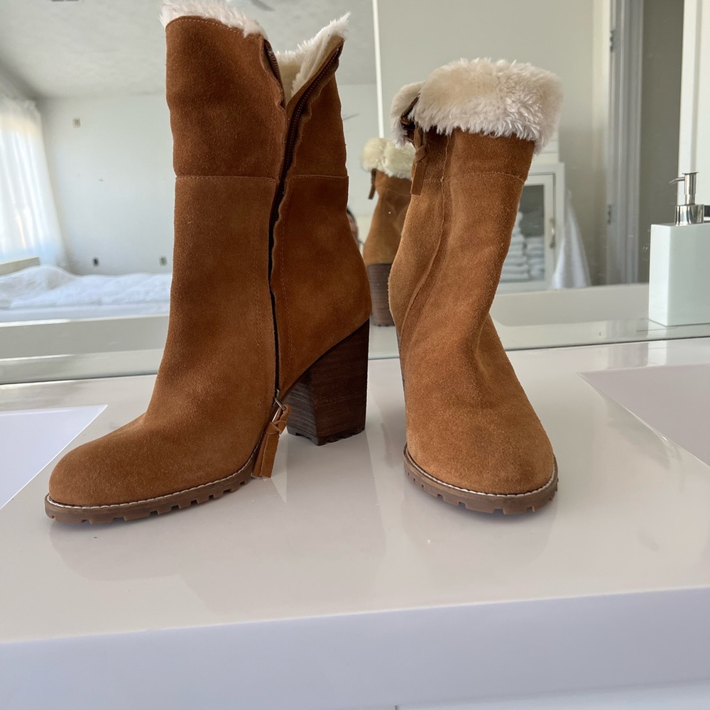 Saks Fifth Avenue, suede leather bootie, faux fur lining